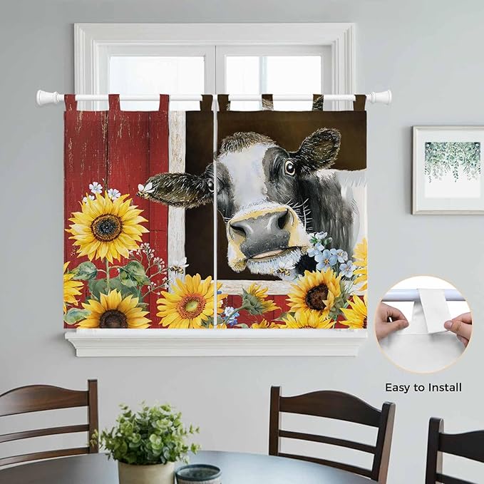 Cows Sunflowers Bedroom Curtains 63 Inch Length, Window Curtains Tab Top, Rustic Farms Barns Flowers Bees Animals Light Filtering Window Treatments Drapes 42"x63" 2 Panel