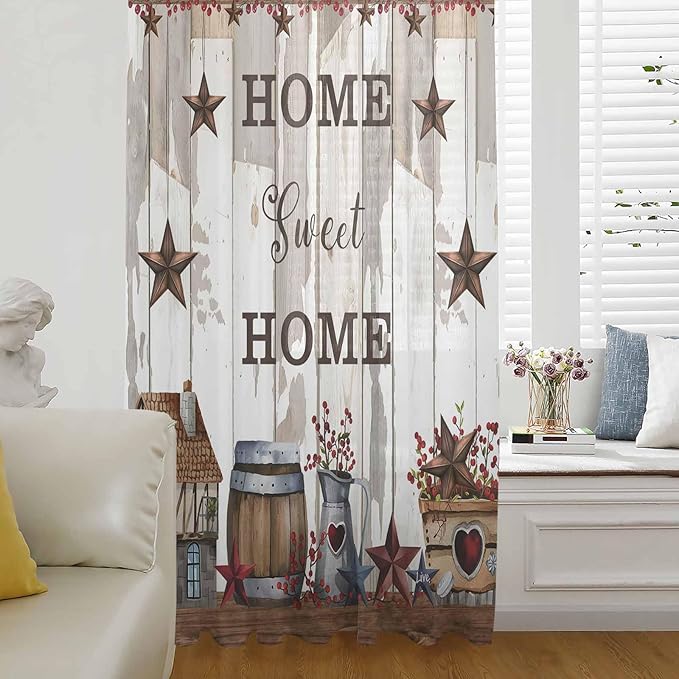 Farmhouse Sheer Curtains 54 Inch Length Retro Country Star Berry Vintage Wood Grain Chiffon Curtain for Bedroom Living Room Light Filtering Window Treatments Voile Curtains Drapes for Kitchen