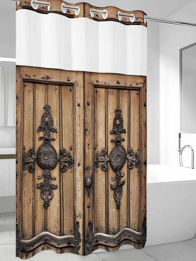 Wood Barn Door No Hook Shower Curtain with Snap in Liner Set, Waterproof Shower Curtains for Bathroom, Wooden Plank Fabric Shower Curtain, See Through Mesh Top Window, 36" W x 72" L