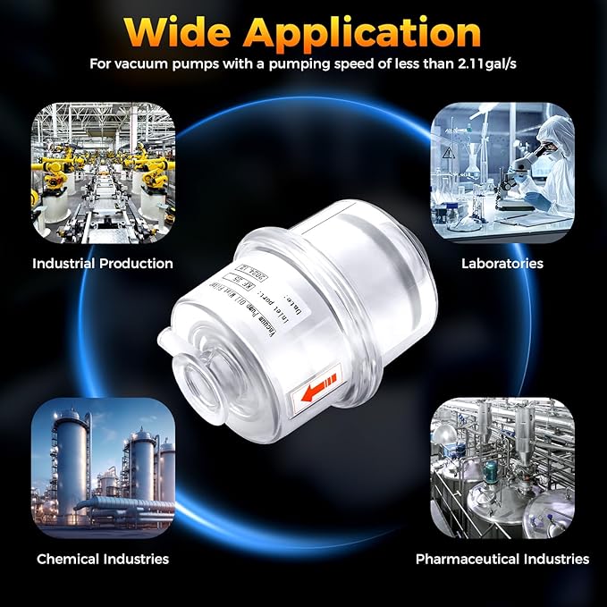 Oil Mist Filter, KF25 Vacuum Pump Exhaust Filter, 95% Efficiency Oil Mist Separator, Clear PC Body, Glass Fiber Element, 1.6" Port, 15.75" Drain Pipe, for CNC, Lab, Industrial, Compact 4.1"×5.6"