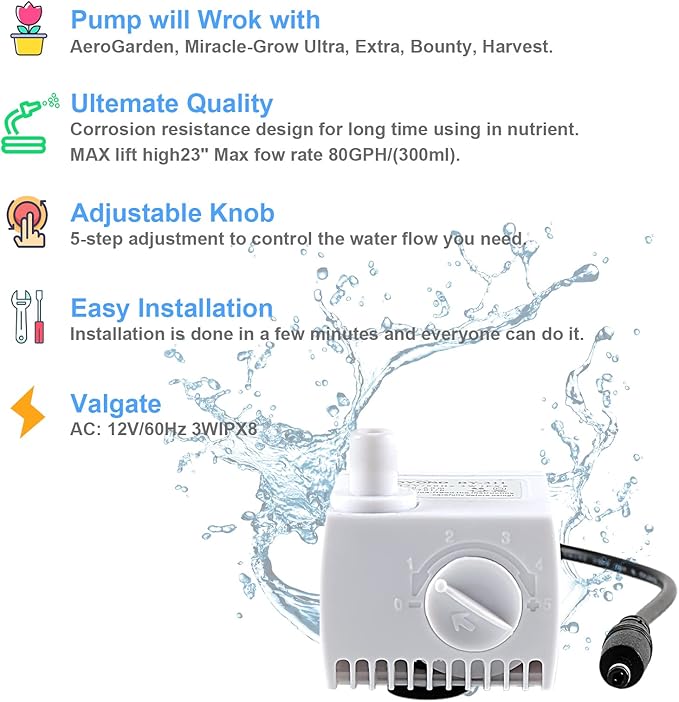 200623 Aero-Garden Pump with 20 Filters, Ultra Quiet Pump Fit for Harvest Elite, Bounty, Farm, Extra, Ultra Hydroponics System
