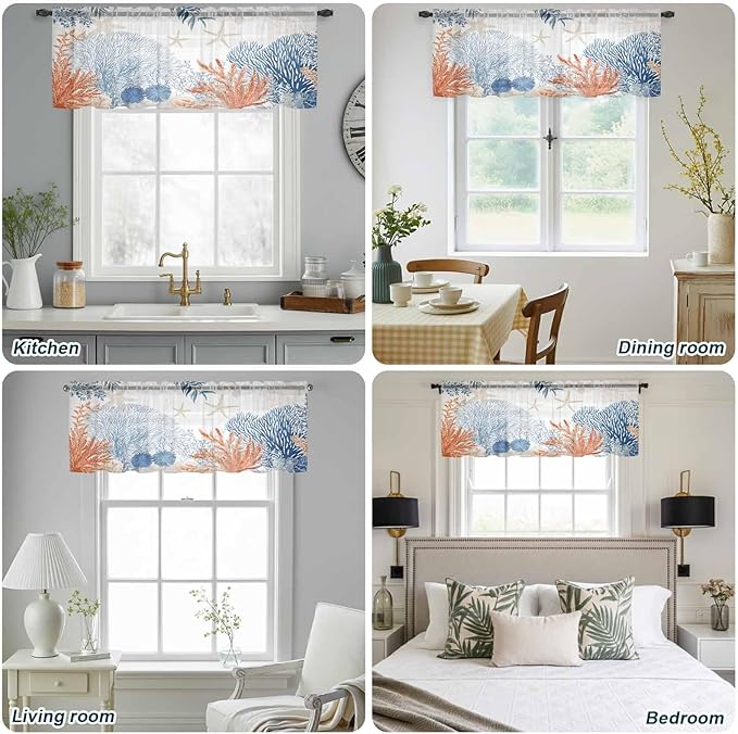 Ocean Corals Sheer Valance Curtains, Summer Beach Coral Sea Stars Light Filtering Kitchen Valances Rod Pocket Voile Curtain Window Treatment for Bedroom/Living Room/Basement 42Wx18L