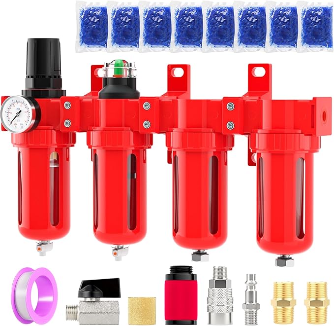 Industrial Grade 4-Stage Aluminum Air Drying System, 1/4 Inch NPT, 0-150 PSI, Double Desiccant Dryer, air Regulator, Particulate Filter and Coalescing Filter (Manual Drainage)