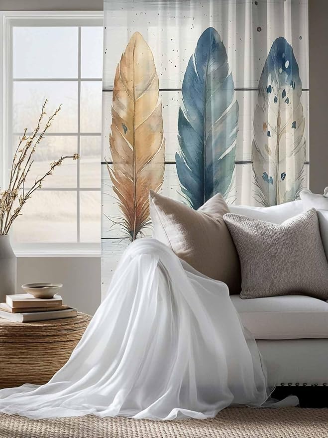 Sheer Curtains 63 Inch Length, Boho Blue Feathers Semi Sheer Curtains Light Filtering Window Treatment, Country Vintage Wooden Grain Privacy Voile Drapes for Living Room Bedroom 52x63 Inch