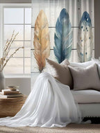 Sheer Curtains 72 Inches Long, Boho Blue Feathers Semi Sheer Curtains Light Filtering Window Treatment, Country Vintage Wooden Grain Privacy Voile Drapes for Living Room Bedroom 52x72 Inch
