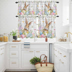 Kitchen Curtains Tiers and Valance Set of 3, Easter Light Filtering Window Curtain Set, Spring Rabbit Eggs Blooms Flowers Leaf Grey Plaid Rod Pocket Curtain Drapes for Living Room, 36 Inches Tiers
