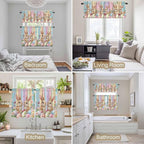 Easter Kitchen Curtains Set 3 Piece for Windows, Rod Pocket Valance and Tier Set 24 Inch Length, Spring Bunny Eggs Botanical Floral Wooden Grain Light Filtering Cafe Curtains for Living Room Bathroom