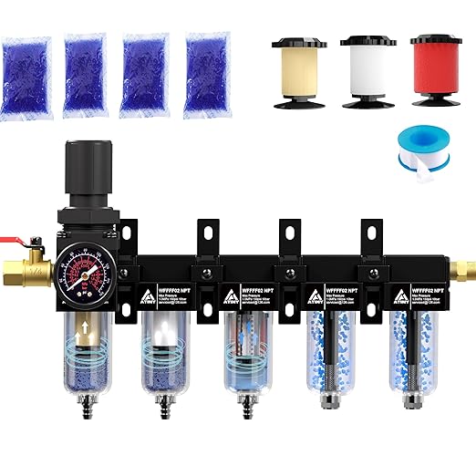 1/4'' NPT 5 Stage Compressed Air Dryer,Air Dryer for Compressor 5 &0.5 &0.01 Micron Filter Cartridge,Double Desiccant Dryers & Air Regulator,Metal Bowl, Semi-Auto Drain,Industrial Grade-Black