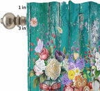 Spring Flowers Kitchen Curtain Set, Farmhouse Watercolor Teal Wood Grain Window Valance and Tiers 36" Length, Light Filtering Short Curtains Valance for Cafe Bathroom Bedroom 54"x18"