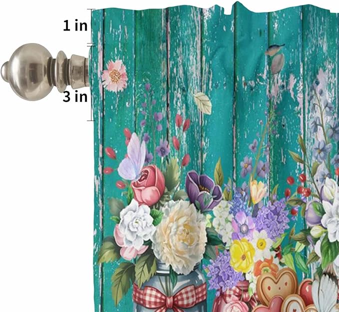 Kitchen Curtains Tiers and Valance Set of 3, Spring Flowers Light Filtering Window Curtain Set, Farmhouse Watercolor Teal Wood Grain Rod Pocket Curtain Drapes for Cafe, Living Room, 36 Inches Tiers