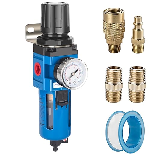 NANPU 3/8" NPT Compressed Air Filter Regulator Combo Piggyback, 5 Micron Brass Element, Poly Bowl, Manual Drain, Metal Bracket, 0-150 psi Gauge - AW3000-03M