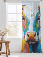 Sheer Curtains 96 Inches Long, Funny Colorful Cow Semi Sheer Curtains Light Filtering Window Treatment, Retro Rustic Oil Painting Wood Grain Privacy Voile Drapes for Living Room Bedroom 52x96 Inch