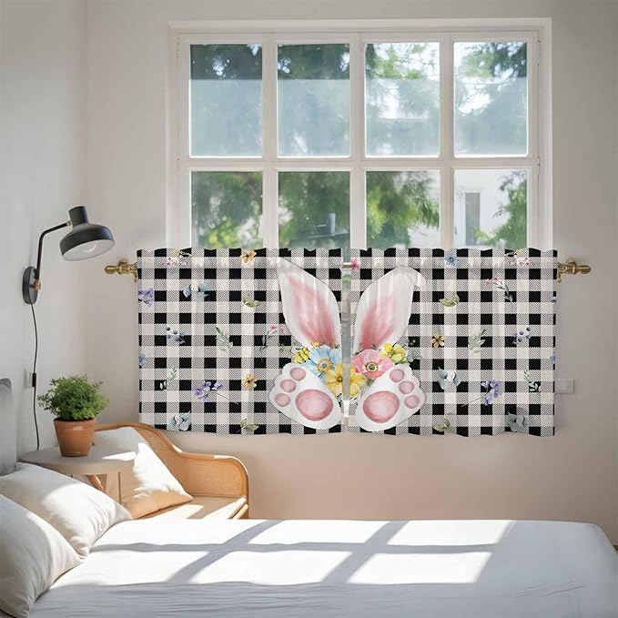 Easter Kitchen Tier Curtains 36 Inch Long 2 Panel Set,Rod Pocket Half Window Curtains Over Sink,Spring Rabbits Ears Feet Wildflowers Black Plaid Light Filtering Short Drapes Cafe 27.5"W x 36"L