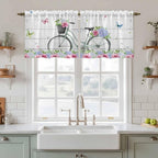 Spring Tier Curtains, Bicycles Botanical Rose Leaves Butterfly Wood Grain Light Filtering Kitchen Curtains, 2Pcs Rod Pocket Half Window Treatments Panels for Sink Cafe Cabinet Camper 27.5x24 Inches