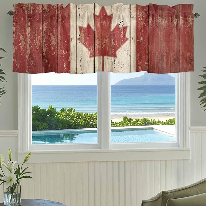 Canada Curtain Valances for Windows, Kitchen Valance Window Treatment, Red Maple Leaf Flag Vintage Farmhouse Wooden Grain Light Filtering Block Curtains for Bathroom/Bedroom/Living Room 42'' x 12''