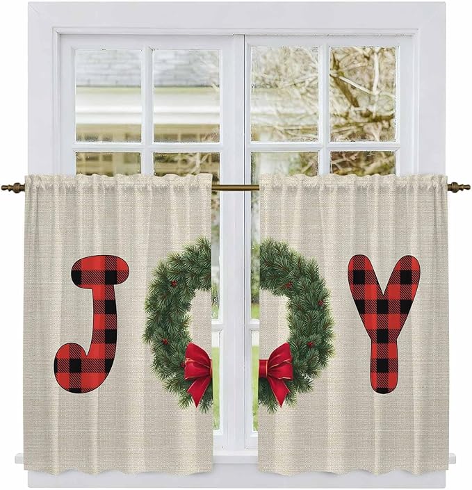 Red Green Christmas Kitchen Curtains 54 Inch Long 2 Panel Set, Rod Pocket Window Curtains Panels, Farmhouse Xmas Botanical Winter Light Filtering Privacy Draperies for Bedroom Laundry 42"W x 54"L