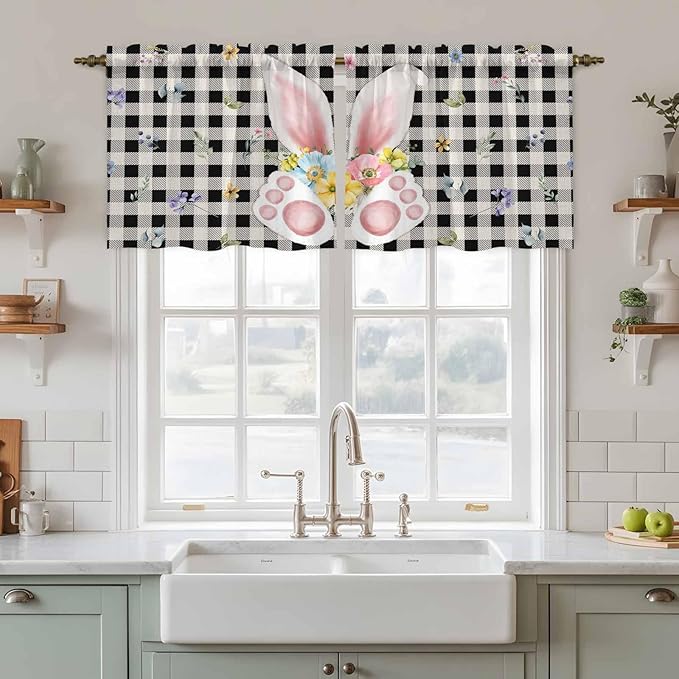 Easter Kitchen Tier Curtains 24 Inch Long 2 Panel Set,Rod Pocket Cafe Small Window Curtains Over Sink,Spring Rabbits Ears Feet Wildflowers Black Plaid Light Filtering Short Drapes 27.5"W x 24"L
