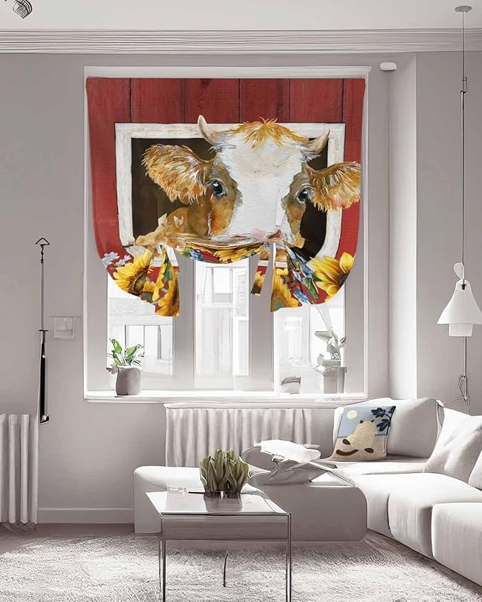 Tie Up Curtains for Windows, Cows Sunflowers Adjustable Balloon Nature Linen Textured Kitchen Curtain, Spring Floral Bees Farmhouse Barn Tie Up Blackout Curtains for Bedroom, 52 x 63 Inches
