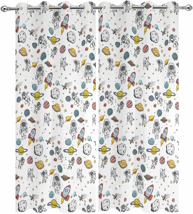 Cartoon Space Outdoor Curtains for Patio Astronauts Spacecraft Rockets Waterproof Outside Curtains with Grommet Top Weatherproof Curtain for Cabana Pergola Gazebo, 2 Pack, 54" W x 84" L