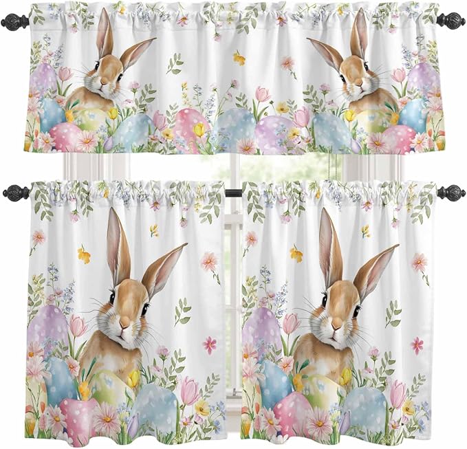 Kitchen Curtains Tiers and Valance Set of 3, Easter Light Filtering Window Curtain Set, Spring Rabbit Colorful Eggs Budding Florals Leaf Rod Pocket Curtain Drapes for Living Room, 36 Inches Tiers