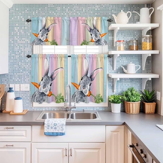 Easter Kitchen Curtain Set, Spring Grey Rabbit Carrots Colorful Wooden Plank Window Valance and Tiers 36" Length, Light Filtering Short Curtains Valance for Cafe Bathroom Bedroom 54"x18"