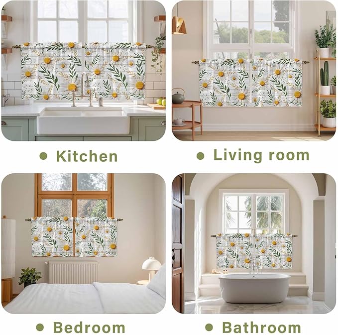 Spring Daisy Tier Curtains, Farmhouse Country Flower Leaf Plant Wood Grain Light Filtering Kitchen Curtains, 2Pcs Rod Pocket Half Window Treatments Panels for Sink Cafe Cabinet Camper 27.5x24 Inches
