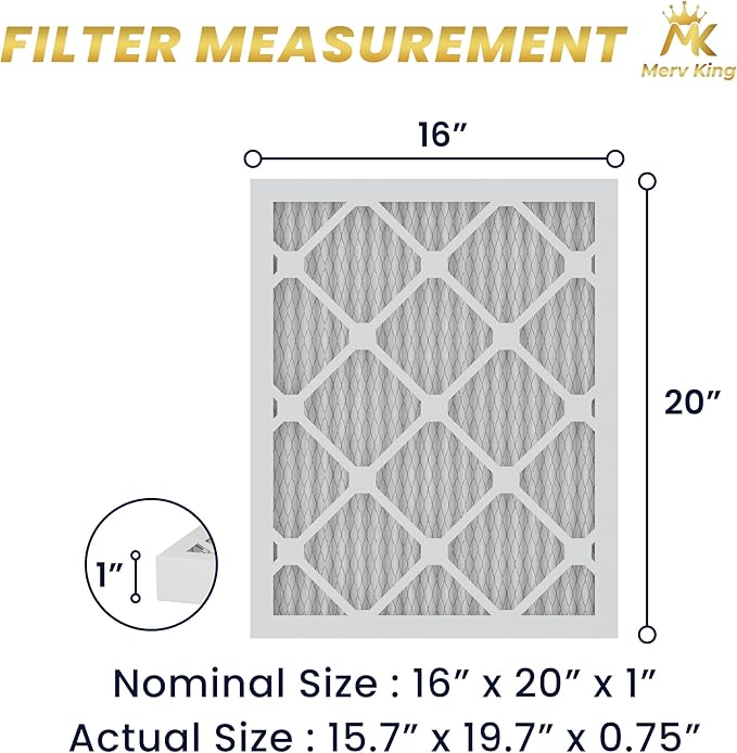 MervKing 16x20x1 Air Filter Actual Size: 15.7" x 19.7" x 0.75" MERV 8 MPR 600-700 | MADE IN USA | 6-Pack | Pleated HVAC AC Furnace Replacement
