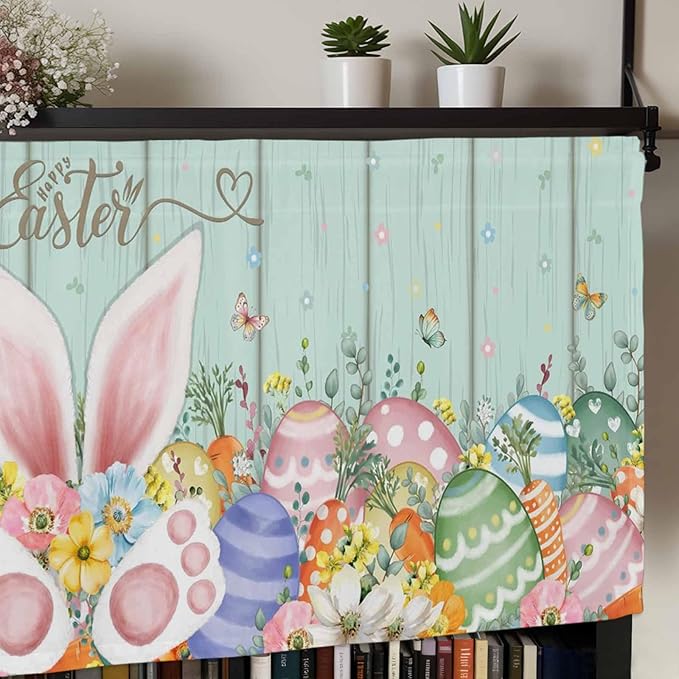 Easter Curtain Valances for Windows, Kitchen Valance Window Treatment, Spring Rabbit Ear Eggs Floral Green Wooden Grain Light Filtering Block Curtains for Bathroom/Bedroom/Living Room 42'' x 12''