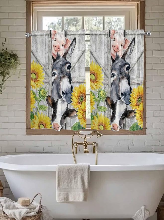 Farmhouse Tier Curtains 45 Inches Long, Watercolor Sunflowers Animals Printed Wood Grain Window Treatment Curtain Drapes, Window Half Privacy Curtains for Bedroom Bathroom, 42"x45", 2 Panels