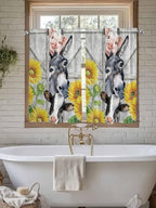 Farmhouse Tier Curtains 45 Inches Long, Watercolor Sunflowers Animals Printed Wood Grain Window Treatment Curtain Drapes, Small Curtain Drapes for Bathroom Laundry Room, 27.5"x45", 2 Panels