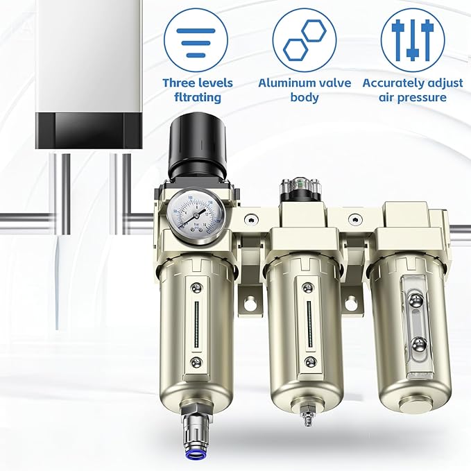 3/4" NPT 3 Stage Air Drying System,Heavy Duty Industrial Grade Air Compressor Water Separator System,Filter Oil Water Separator Dryer for Plasma Cutter and Paint Spray,0-240 PSI,Auto Drain