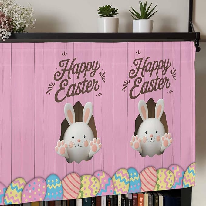 Pink Easter Curtain Valances for Windows, Kitchen Valance Window Treatment, Easter Bunny Eggs Spring Cartoon Farmhouse Wood Grain Light Filter Block Curtains for Bathroom/Bedroom/Living Room 42''x12''