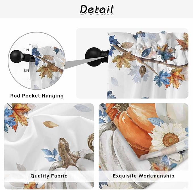 Navy Blue Pumpkin Fall Kitchen Tier Curtains 24 Inch Long 2 Panel Set,Rod Pocket Cafe Small Window Curtains Over Sink,Thanksgiving Maple Leaves Branches Short Drapes for Bathroom Cabinet 27.5"W x 24"L