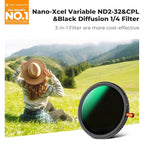 K&F CONCEPT 37mm Black Diffusion Mist Effect 1/4 & Variable ND2-32(1-5 Stops) & Circular Polarizing Filter CPL-in 1 HD Lens Filter with 28 Multi-Coatings for Camera Lenses (Nano-X Series)