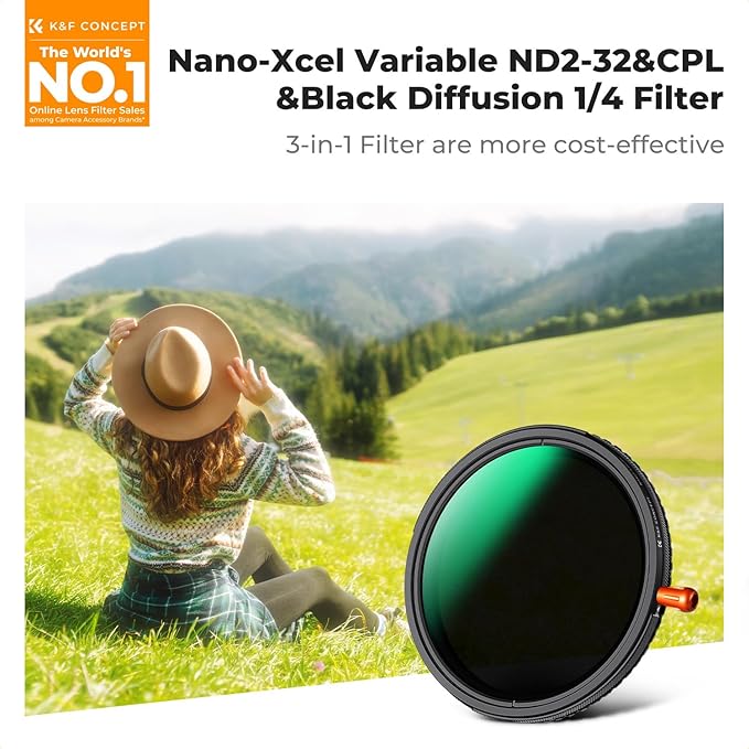 K&F CONCEPT 67mm Black Diffusion Mist Effect 1/4 & Variable ND2-32(1-5 Stops) & Circular Polarizing Filter CPL-in 1 HD Lens Filter with 28 Multi-Coatings for Camera Lenses (Nano-X Series)