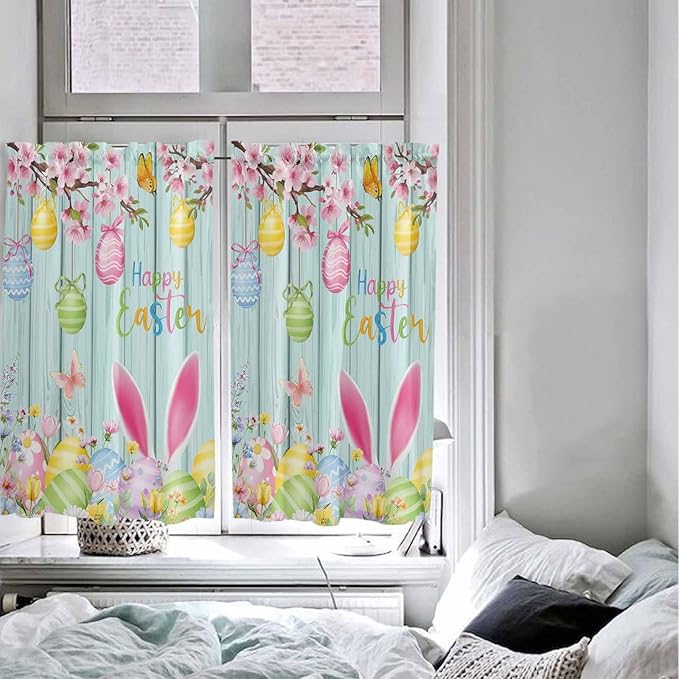 Happy Easter Kitchen Curtains 45 Inches length, Spring Bunny Eggs Flower Teal Wood Grain Window Treatment Curtain Drapes, Lightweight Window Panels for Living Room Bedroom, 52"x45", 2 Panels
