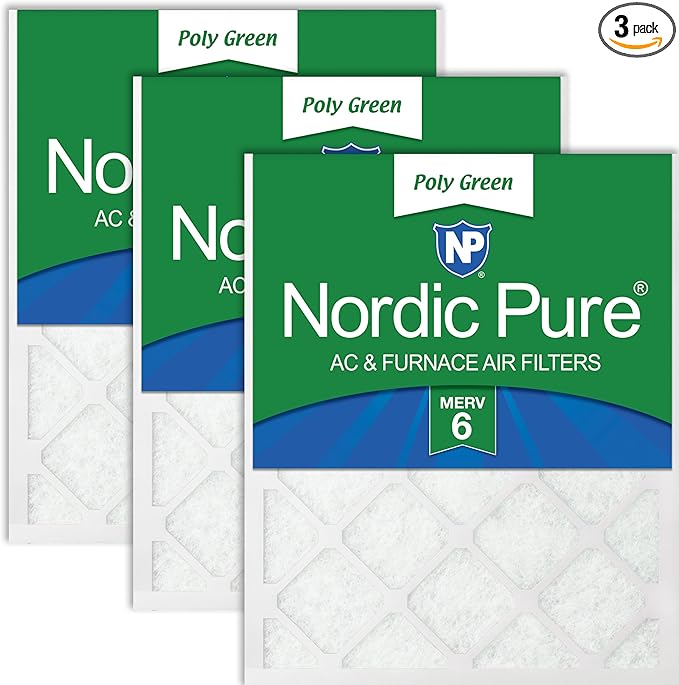 Nordic Pure 20x25x1 (Actual Size: 19 1/2 x 24 1/2 x 3/4) Poly Green MERV 6 AC Furnace Air Filters – Reduces Dust, Pollen, Pet Dander & Allergens – 3-Pack