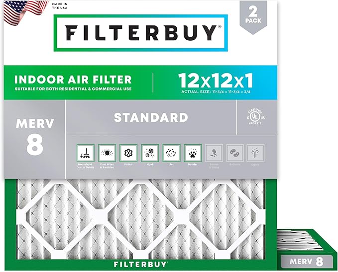 Filterbuy 12x12x1 Air Filter MERV 8 Essential Dust & Allergy Defense (2-Pack), Electrostatic Pleated HVAC AC Furnace Filters Replacement, Made in USA (Actual Size: 11.75 x 11.75 x 0.75)
