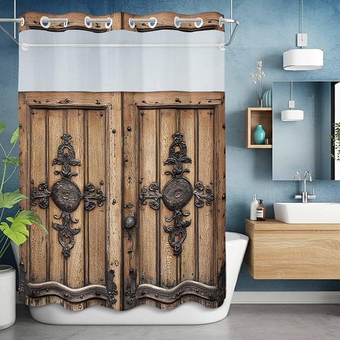 Wood Barn Door No Hook Shower Curtain with Snap in Liner Set, Waterproof Shower Curtains for Bathroom, Wooden Plank Fabric Shower Curtain, See Through Mesh Top Window, 60" W x 72" L