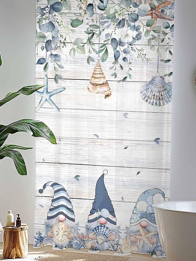 Sheer Curtains 96 Inches Long, Coastal Eucalyptus Leaf Semi Sheer Curtains Light Filtering Window Treatment, Ocean Blue Gnomes Starfish Wood Grain Privacy Voile Drapes for Living Room 52x96 Inch