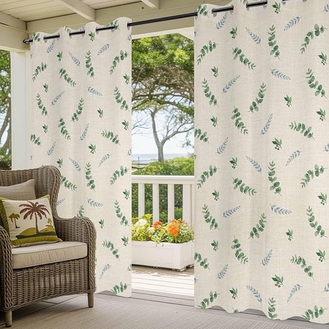 Leaf Outdoor Curtains for Patio Summer Jugal Leaves Pastoral Plant Linen Waterproof Outside Curtains with Grommet Top Weatherproof Curtain for Cabana Pergola Gazebo, 2 Pack, 54" W x 108" L