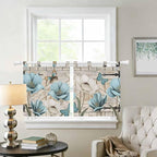 Teal Blue Tulips Kitchen Curtains 24 Inch Length, Small Window Curtains Tab Top, Spring Floral Barn Doors Vintage Wood Beige Light Filtering Short Window Treatments Tier Drapes 27.5"x24" 2 Panel