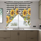 Sunflowers Swag Valances for Windows, Yellow Flowers Butterfly Farmhouse Black Plaid Rod Pocket Kitchen Curtains Valance, Small Window Curtains Swag for Cafe Bathroom Living Room, 2 Panels, 36x36 inch
