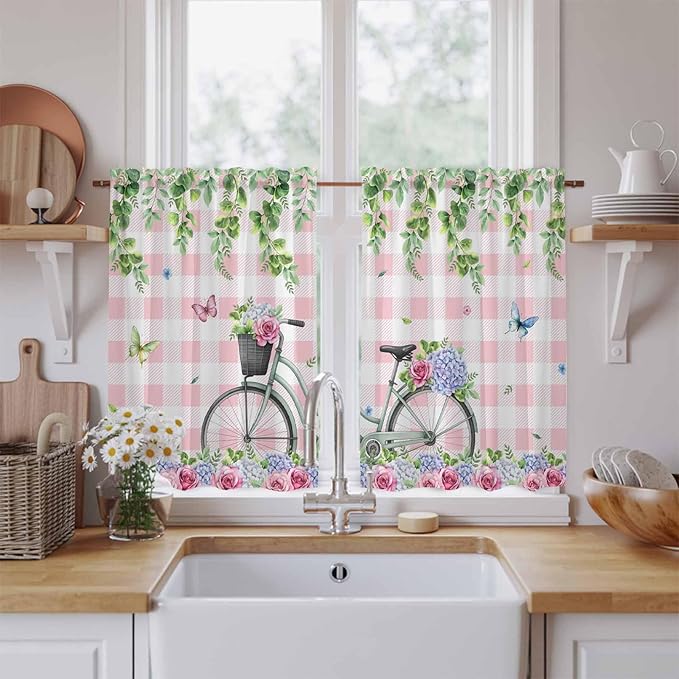 Spring Kitchen Curtains, Bicycles Leaves Butterfly Flowers Pink Buffalo Plaid Light Filtering Window Curtain Panels, 2Pcs Rod Pocket Window Treatments Set for Cabin Bathroom Bedroom 52x45 Inches