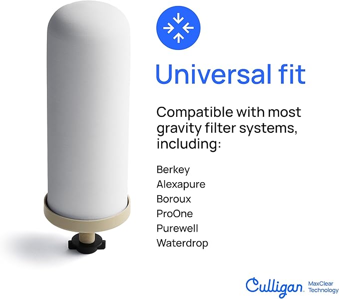 Culligan MaxClear 7” Gravity Water Filter Replacement Compatible with ProOne & Berkey Water Filter Systems, Ceramic & Carbon Filter NSF/ANSI Certified, Reduce Total PFAS, Microplastics & Lead, 6-Pack