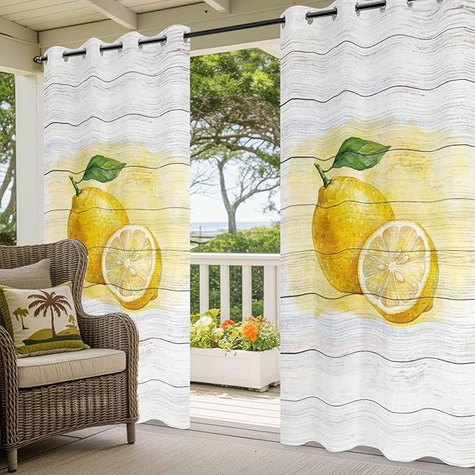 Lemons Yellow Summer Fruit Vintage Wood Outdoor Curtains for Patio Waterproof Outside Curtains with Grommet Top Weatherproof Curtain for Cabana Pergola Gazebo, 2 Pack, 54" W x 108" L