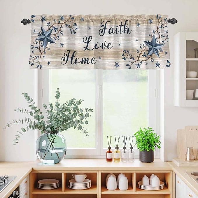 Kitchen Curtains Tiers and Valance Set of 3, Vintage Country Light Filtering Window Curtain Set, Blue Rustic Texas Star Vines Wooden Grain Rod Pocket Curtain Drapes for Living Room, 36 Inches Tiers