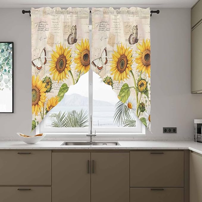 Yellow Sunflowers Swag Valances for Windows, Country Farm Butterfly Flower Light Beige Rod Pocket Kitchen Curtains Valance, Kitchen Window Curtains Swag for Cafe Living Room, 2 Panels, 36x63 inch