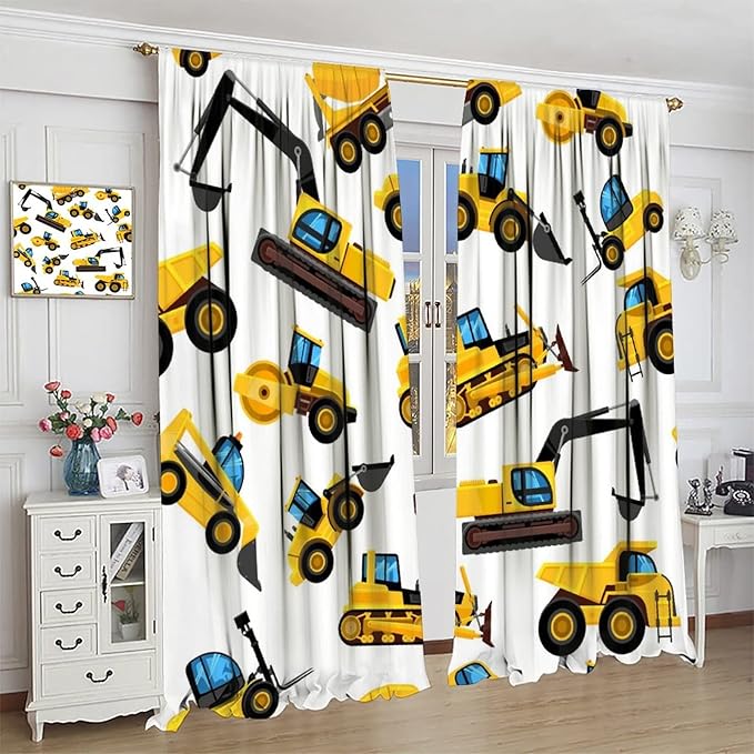 Kids Construction Equipment Window Curtains, Excavator Tractor Tow Truck Rod Pocket Decorative Windows Curtain for Children Teens Boys Girls Room Decor 42x45in (30% Blackout)