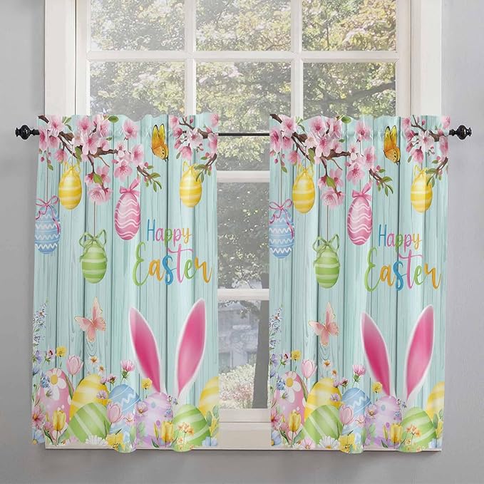 Happy Easter Kitchen Curtains 54 Inches Length, Spring Bunny Eggs Flower Teal Wood Grain Window Treatment Curtain Drapes, Decorative Window Curtains for Bedroom Cafe, 52"x54", 2 Panels